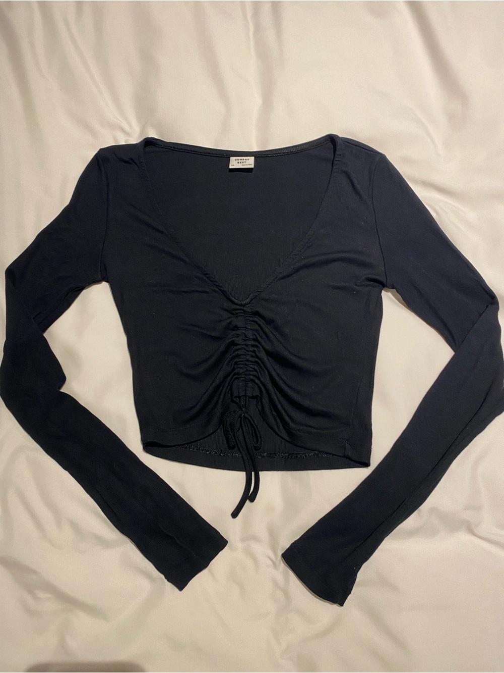 Sunday Best Navy Long-Sleeve Ruched Crop Top